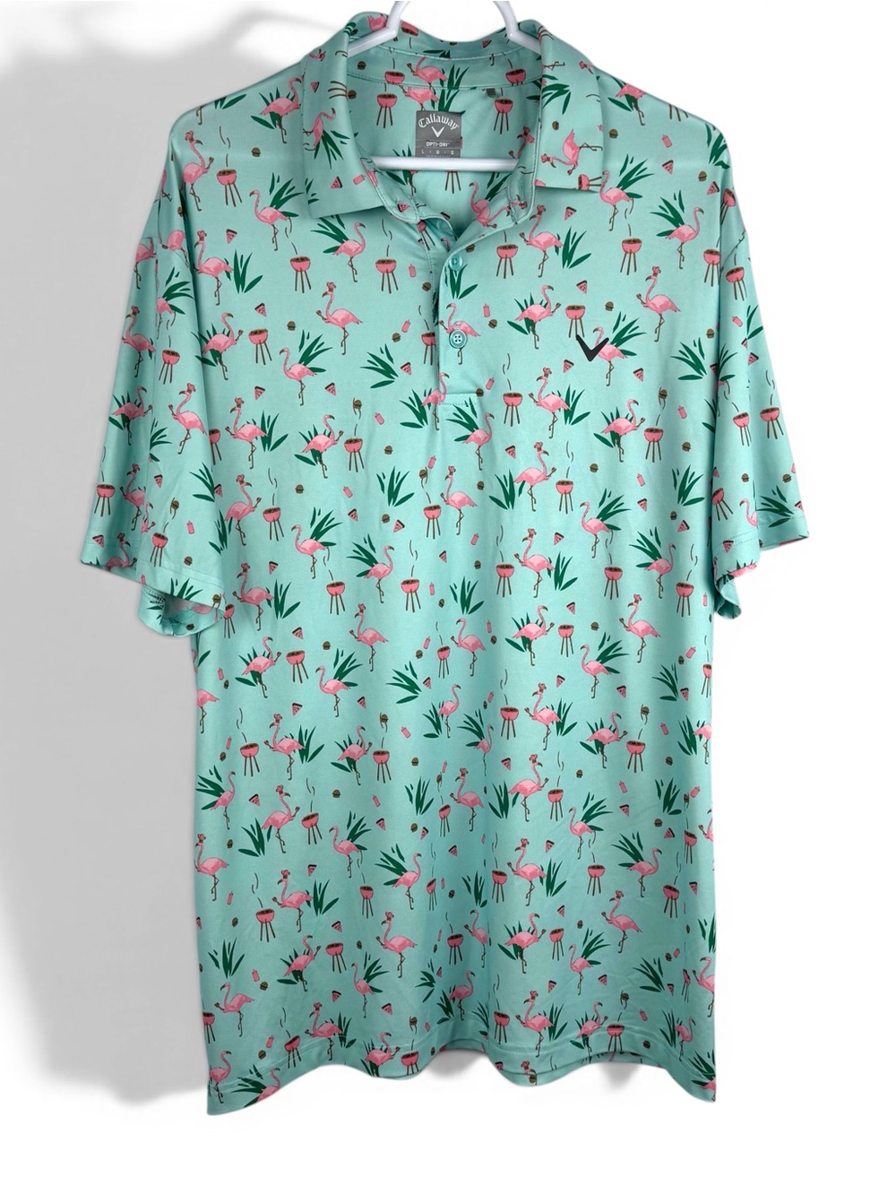 Callaway Opti-Dry Performance Golf Polo Shirt Green Pink Flamingo BBQ Size L